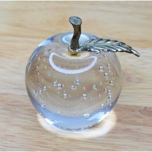 Paperweight Apple Clear Art Glass Crystal w/Bubbles Brass Leaf & Stem Vintage #A